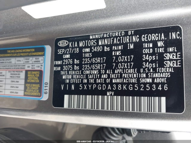 Aukcja sprzedaży 2019 Kia Sorento 2.4l Lx, vin: 5XYPGDA38KG525346, numer aukcji: 44641348
