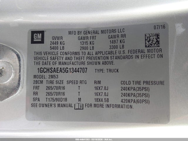 44641383 :رقم المزاد ، 1GCHSAEA5G1344707 vin ، 2016 Chevrolet Colorado مزاد بيع