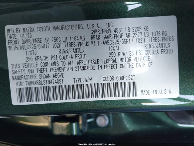 44641384 :رقم المزاد ، 7MMVABBL8TN474081 vin ، 2026 Mazda Cx-50 2.5 S Preferred مزاد بيع