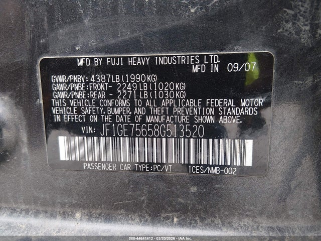Aukcja sprzedaży 2008 Subaru Impreza Wrx, vin: JF1GE75658G513520, numer aukcji: 44641412