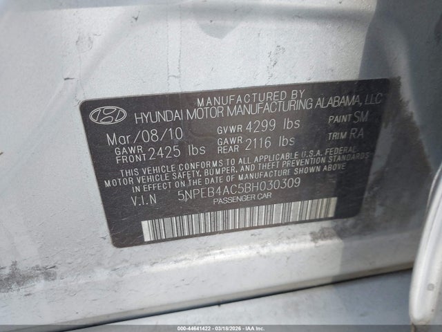 Продажа на аукционе авто 2011 Hyundai Sonata Gls, vin: 5NPEB4AC5BH030309, номер лота: 44641422