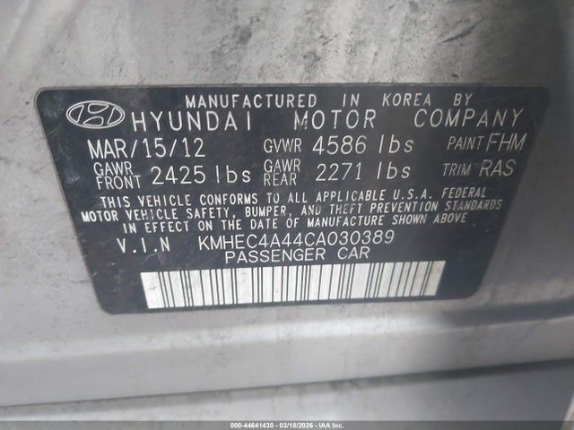Aukcja sprzedaży 2012 Hyundai Sonata Hybrid, vin: KMHEC4A44CA030389, numer aukcji: 44641430