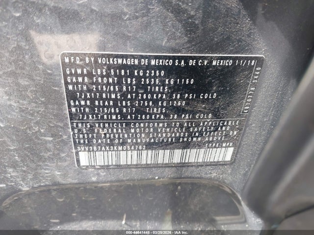 Продажа на аукционе авто 2019 Volkswagen Tiguan 2.0t Se/2.0t Sel/2.0t Sel R-line/2.0t Sel R-line Black, vin: 3VV3B7AX3KM054762, номер лота: 44641448