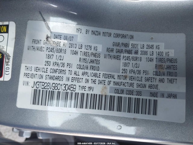 44641459 :رقم المزاد ، JM3TB28V980130459 vin ، 2008 Mazda Cx-9 Sport مزاد بيع