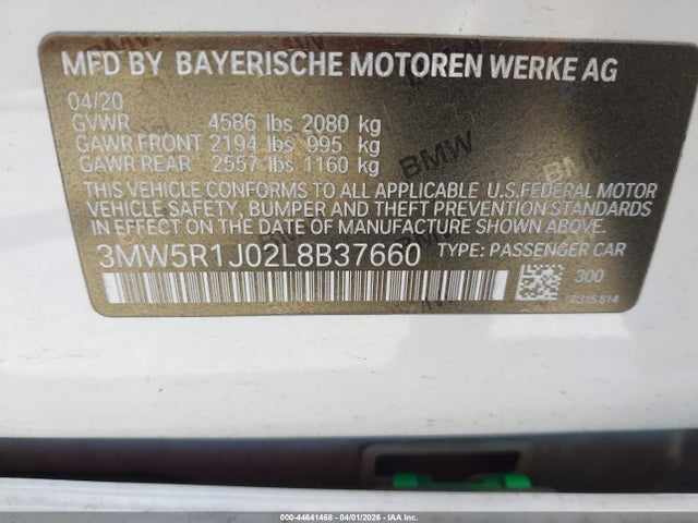 44641468 :رقم المزاد ، 3MW5R1J02L8B37660 vin ، 2020 Bmw 330i مزاد بيع