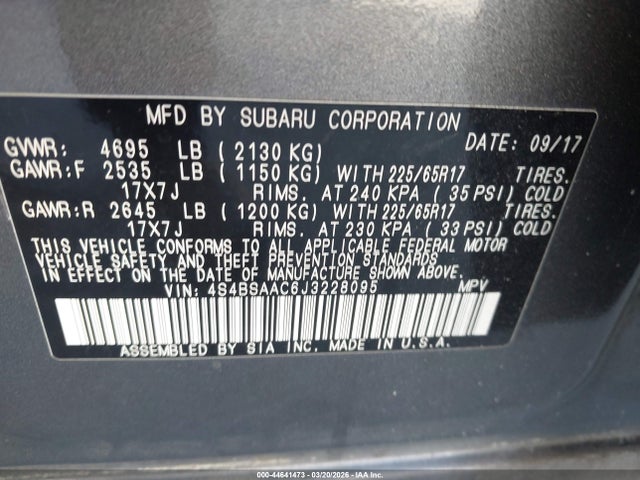 Продажа на аукционе авто 2018 Subaru Outback 2.5i, vin: 4S4BSAAC6J3228095, номер лота: 44641473