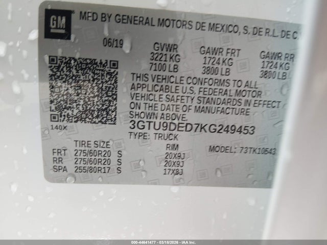 44641477 :رقم المزاد ، 3GTU9DED7KG249453 vin ، 2019 Gmc Sierra 1500 Slt مزاد بيع
