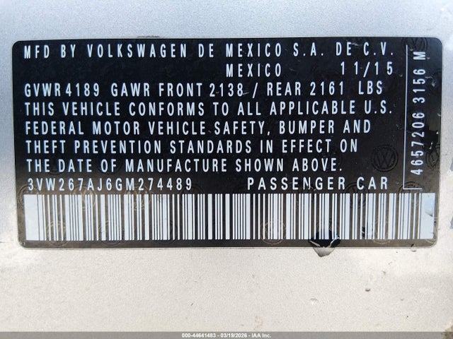 2016 Volkswagen Jetta 1.4t S მანქანა იყიდება აუქციონზე, vin: 3VW267AJ6GM274489, აუქციონის ნომერი: 44641483
