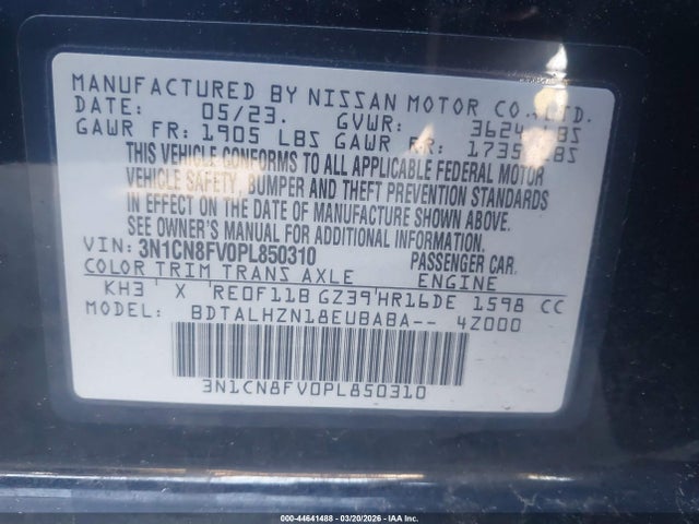 Продаж на аукціоні авто 2023 Nissan Versa 1.6 Sr Xtronic Cvt, vin: 3N1CN8FV0PL850310, номер лоту: 44641488