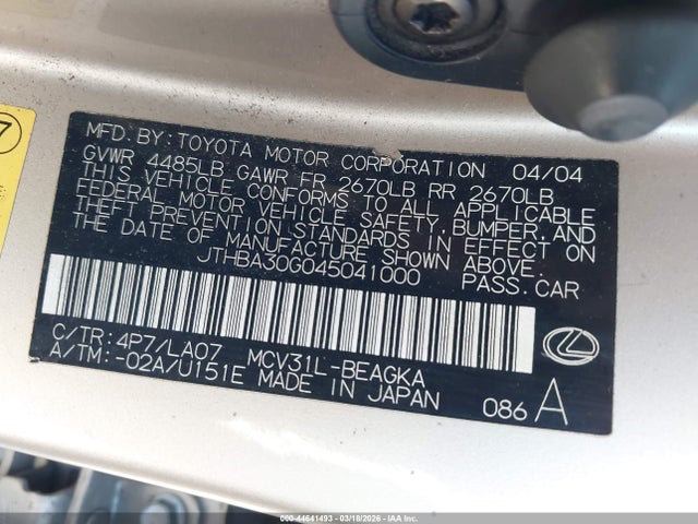 2004 Lexus Es 330 მანქანა იყიდება აუქციონზე, vin: JTHBA30G045041000, აუქციონის ნომერი: 44641493