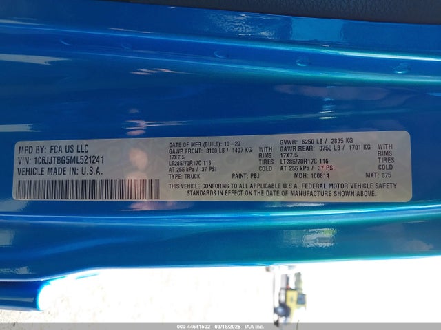 2021 JEEP GLADIATOR 1C6JJTBG5ML521241 Photo 8