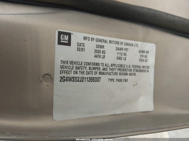 2001 Buick Century Custom მანქანა იყიდება აუქციონზე, vin: 2G4WS52J211266337, აუქციონის ნომერი: 44641518