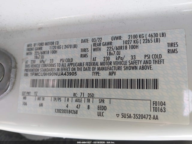 44641527 :رقم المزاد ، 1FMCU9H90NUA43905 vin ، 2022 Ford Escape Sel مزاد بيع