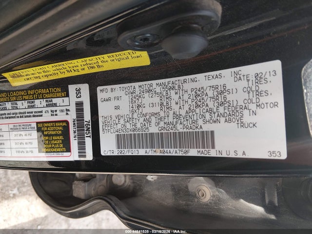 Aukcja sprzedaży 2013 Toyota Tacoma Base V6, vin: 5TFLU4EN3DX066925, numer aukcji: 44641535
