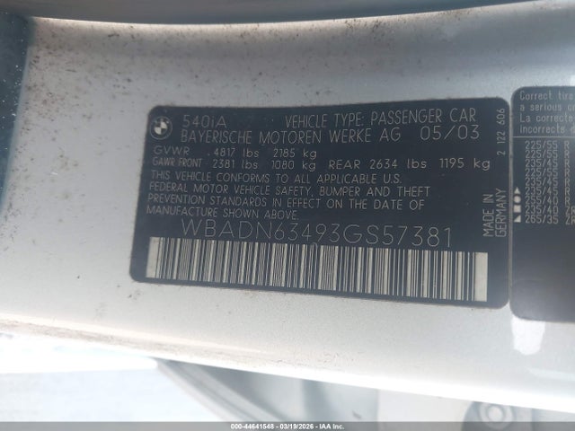 44641548 :رقم المزاد ، WBADN63493GS57381 vin ، 2003 Bmw 540ia مزاد بيع