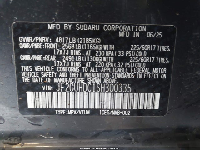 2025 Subaru Crosstrek Premium მანქანა იყიდება აუქციონზე, vin: JF2GUHDC1SH300335, აუქციონის ნომერი: 44641551