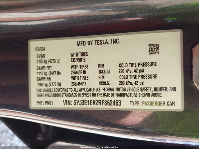 Продаж на аукціоні авто 2024 Tesla Model 3 Long Range Dual Motor All-wheel Drive/rear-wheel Drive, vin: 5YJ3E1EA2RF862463, номер лоту: 44641556