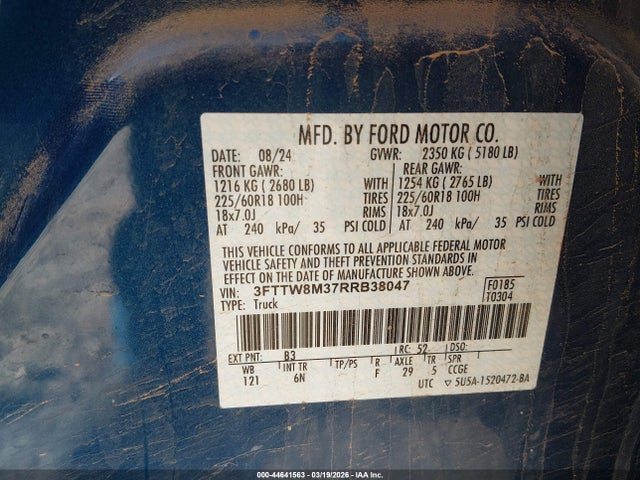 Продажа на аукционе авто 2024 Ford Maverick Lariat, vin: 3FTTW8M37RRB38047, номер лота: 44641563