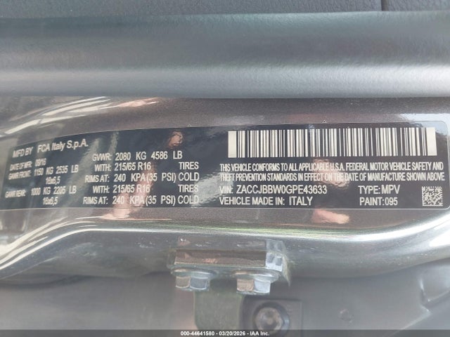 44641580 :رقم المزاد ، ZACCJBBW0GPE43633 vin ، 2016 Jeep Renegade Latitude مزاد بيع