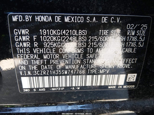 3CZRZ1H35SM747766 Honda Hr-v 2wd Lx