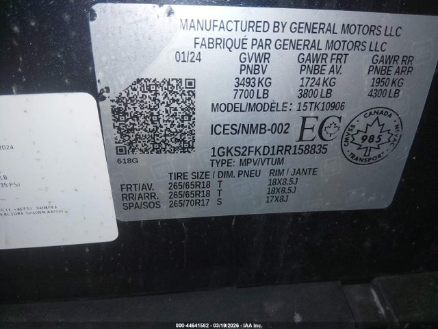 44641582 :رقم المزاد ، 1GKS2FKD1RR158835 vin ، 2024 Gmc Yukon Xl Sle مزاد بيع