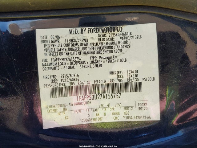 2007 FORD TAURUS 1FAFP53U27A155757 Photo 8