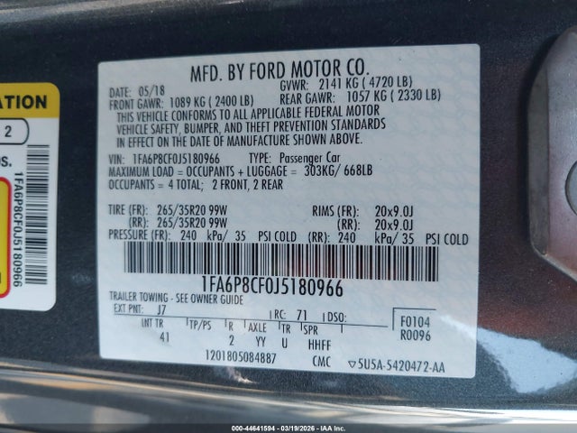 1FA6P8CF0J5180966 Ford Mustang Gt Premium