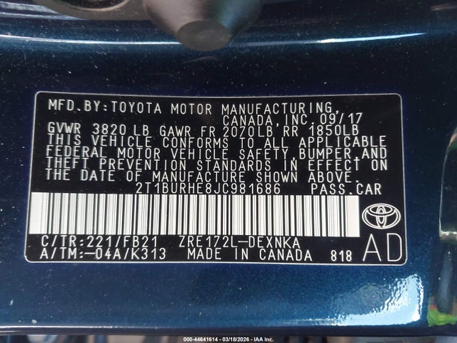 2018 TOYOTA COROLLA 2T1BURHE8JC981686 Photo 8