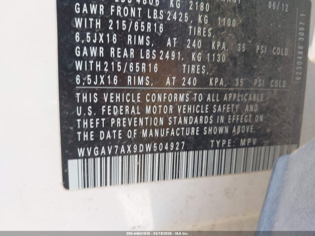Aukcja sprzedaży 2013 Volkswagen Tiguan S, vin: WVGAV7AX9DW504927, numer aukcji: 44641636