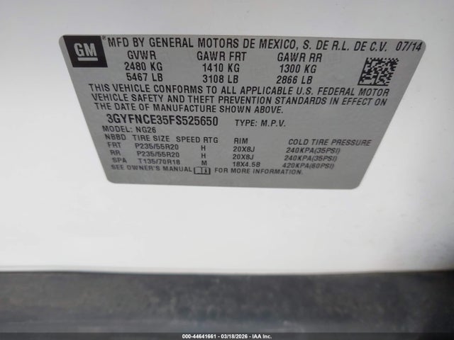 Продажа на аукционе авто 2015 Cadillac Srx Performance Collection, vin: 3GYFNCE35FS525650, номер лота: 44641661