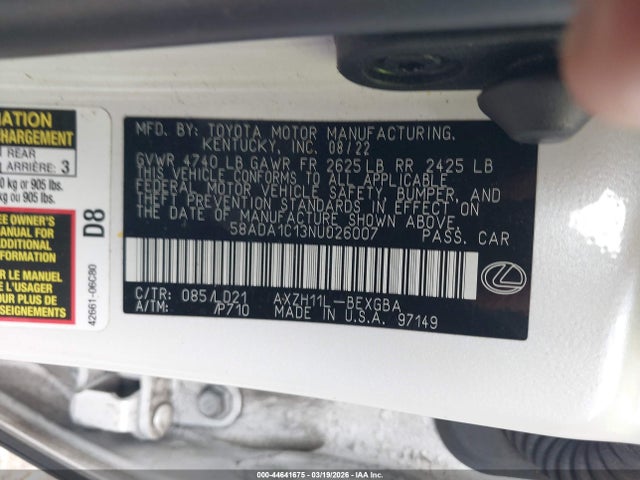 Продаж на аукціоні авто 2022 Lexus Es 300h, vin: 58ADA1C13NU026007, номер лоту: 44641675