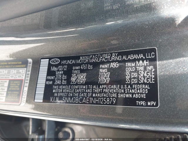 5NMJBCAE1NH125879 Hyundai TUCSON SEL