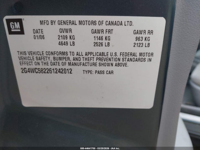 Aukcja sprzedaży 2006 Buick Lacrosse Cx, vin: 2G4WC582261242012, numer aukcji: 44641700