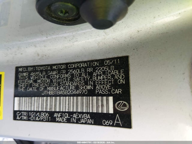 44641701 :رقم المزاد ، JTHBB1BA5B2044970 vin ، 2011 Lexus Hs 250h مزاد بيع