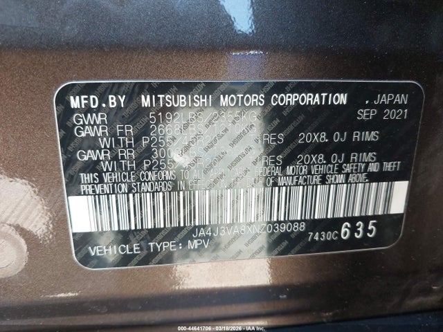 Aukcja sprzedaży 2022 Mitsubishi Outlander Sel 2.5 2wd/sel Special Edition 2wd, vin: JA4J3VA8XNZ039088, numer aukcji: 44641706