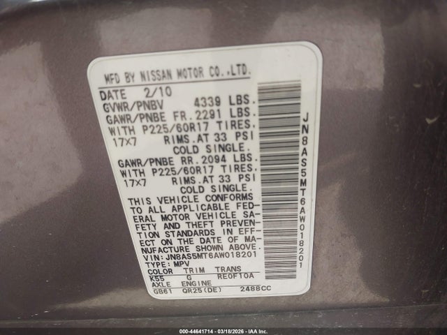 Auction sale of the 2010 Nissan Rogue Sl, vin: JN8AS5MT6AW018201, lot number: 44641714
