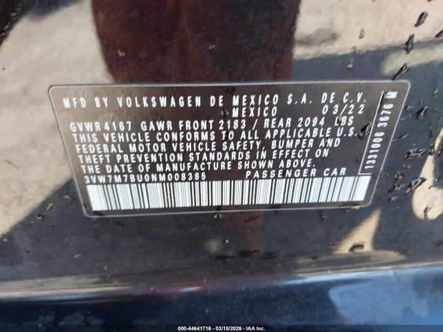 44641716 :رقم المزاد ، 3VW7M7BU0NM008385 vin ، 2022 Volkswagen Jetta 1.5t Se مزاد بيع