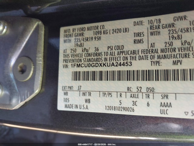44641717 :رقم المزاد ، 1FMCU0GDXKUA24453 vin ، 2019 Ford Escape Se مزاد بيع