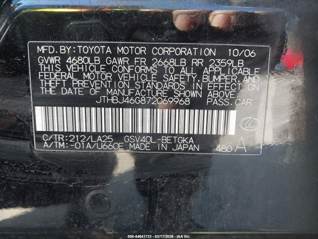 44641723 :رقم المزاد ، JTHBJ46G872069968 vin ، 2007 Lexus Es 350 مزاد بيع
