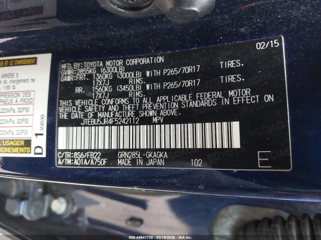 Продаж на аукціоні авто 2015 Toyota 4runner Sr5, vin: JTEBU5JR4F5242112, номер лоту: 44641730