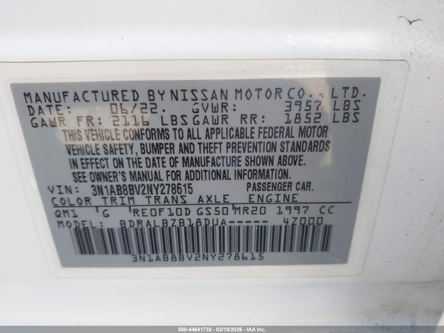 3N1AB8BV2NY278615 Nissan Sentra S Xtronic Cvt