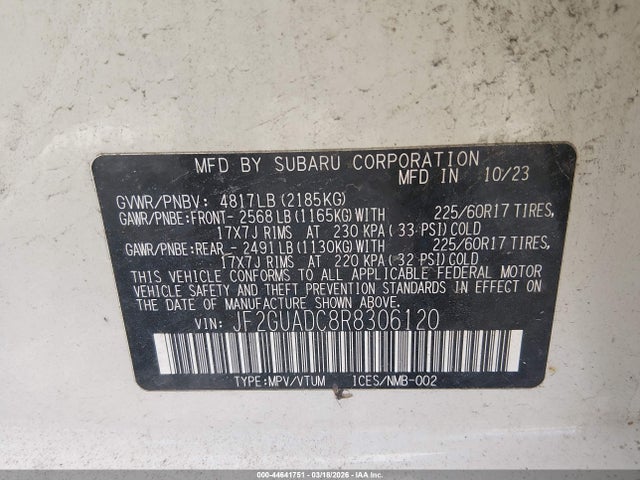 Продаж на аукціоні авто 2024 Subaru Crosstrek Premium, vin: JF2GUADC8R8306120, номер лоту: 44641751