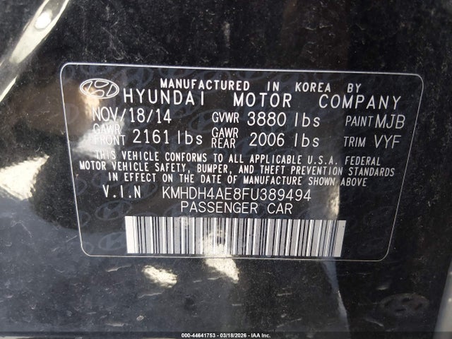 Aukcja sprzedaży 2015 Hyundai Elantra Se, vin: KMHDH4AE8FU389494, numer aukcji: 44641753