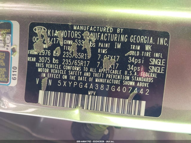 2018 KIA SORENTO 5XYPG4A38JG407442 Photo 8