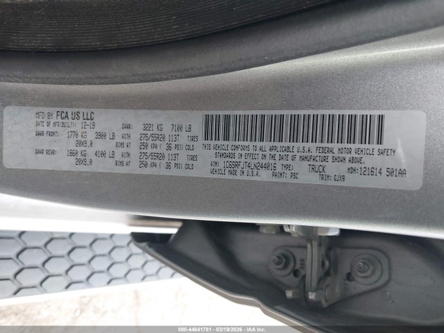 Продажа на аукционе авто 2020 Ram 1500 Laramie  4x4 5'7 Box, vin: 1C6SRFJT4LN244016, номер лота: 44641781