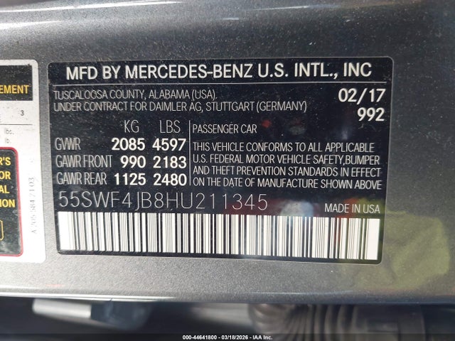 Aukcja sprzedaży 2017 Mercedes-benz C 300 Sport, vin: 55SWF4JB8HU211345, numer aukcji: 44641800