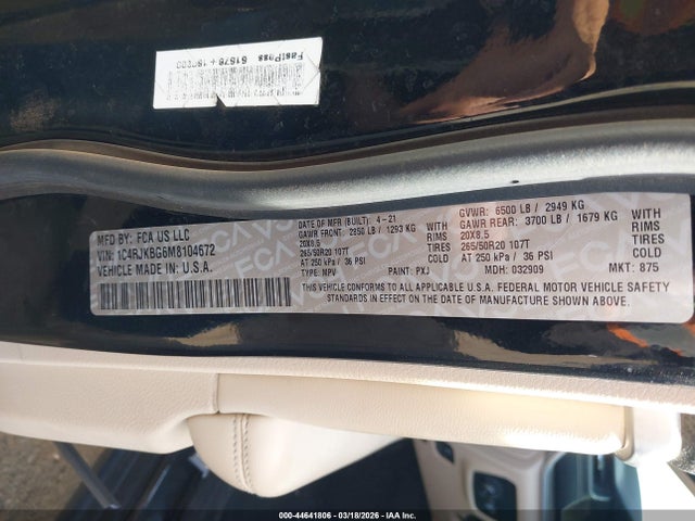 44641806 :رقم المزاد ، 1C4RJKBG6M8104672 vin ، 2021 Jeep Grand Cherokee L Limited 4x4 مزاد بيع