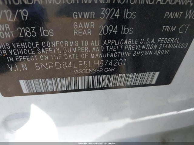 2020 Hyundai Elantra Sel მანქანა იყიდება აუქციონზე, vin: 5NPD84LF5LH574201, აუქციონის ნომერი: 44641815