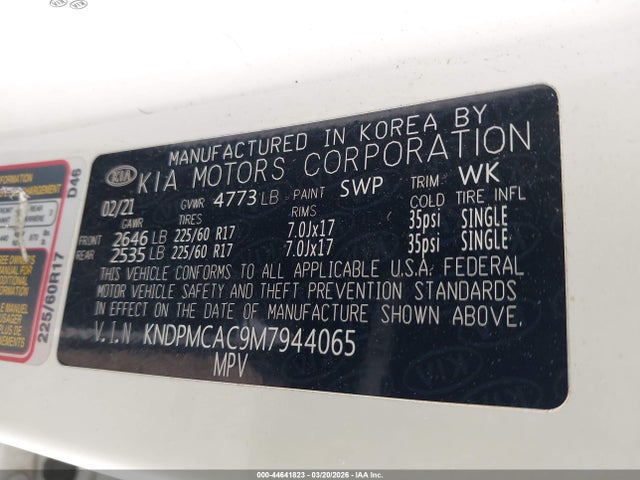 2021 Kia Sportage Lx მანქანა იყიდება აუქციონზე, vin: KNDPMCAC9M7944065, აუქციონის ნომერი: 44641823