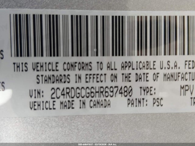 Aukcja sprzedaży 2017 Dodge Grand Caravan Sxt, vin: 2C4RDGCG6HR697480, numer aukcji: 44641837